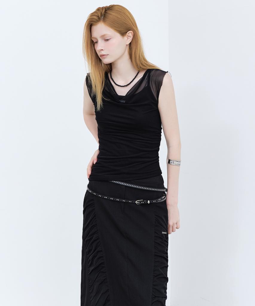 Nigaennikol Shirring Panel Long Skirt_Black