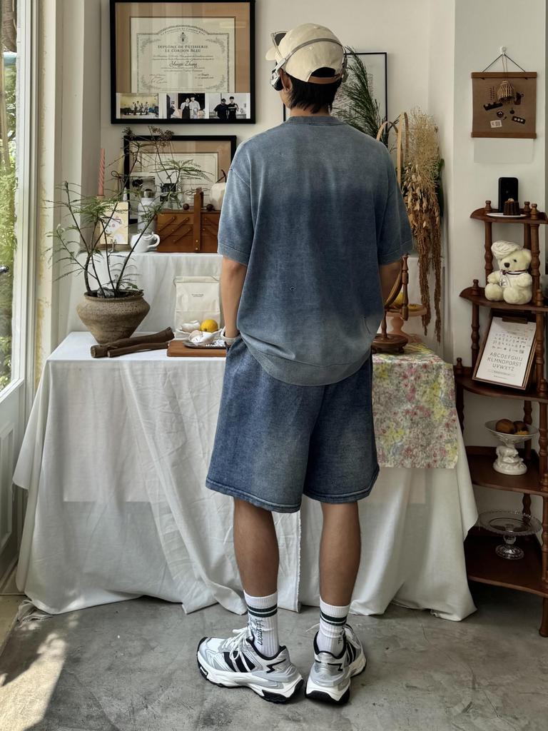 [CHANGE WELL] Men's 2025AW Faded Look Fashion Casual Autumn Clothing [Washed Finish] Big Silhouette Knit Half Pants (INDIGO, XL)