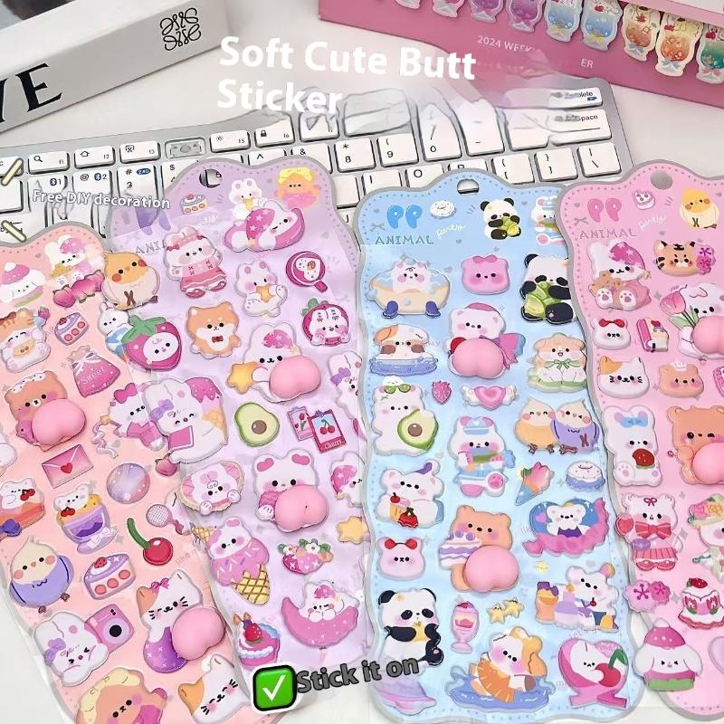 1/4Pcs DIY Decor Stickers Stereoscopic Cute Animals Fart Peach Stereo Relieve Stress Decals Cartoon 3D Relief Sticker Supplies