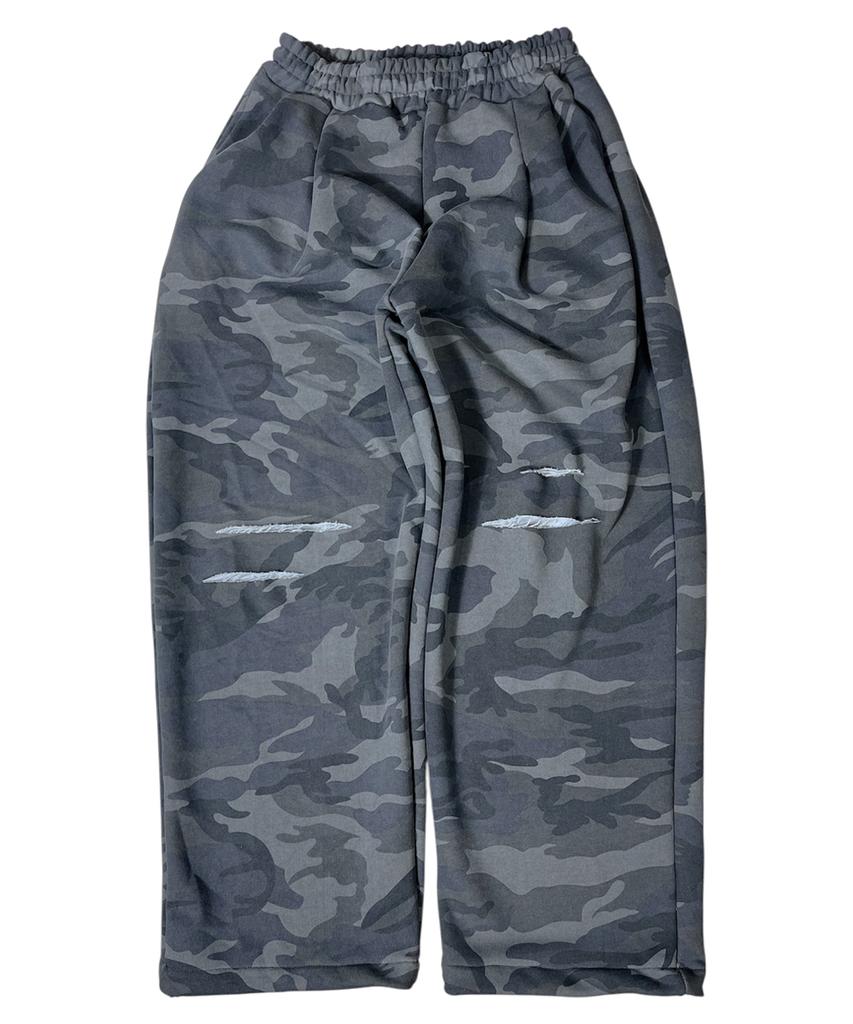 SK8ER ROCK Cut Off Camouflage Sweat Wide Pants ((Gray))