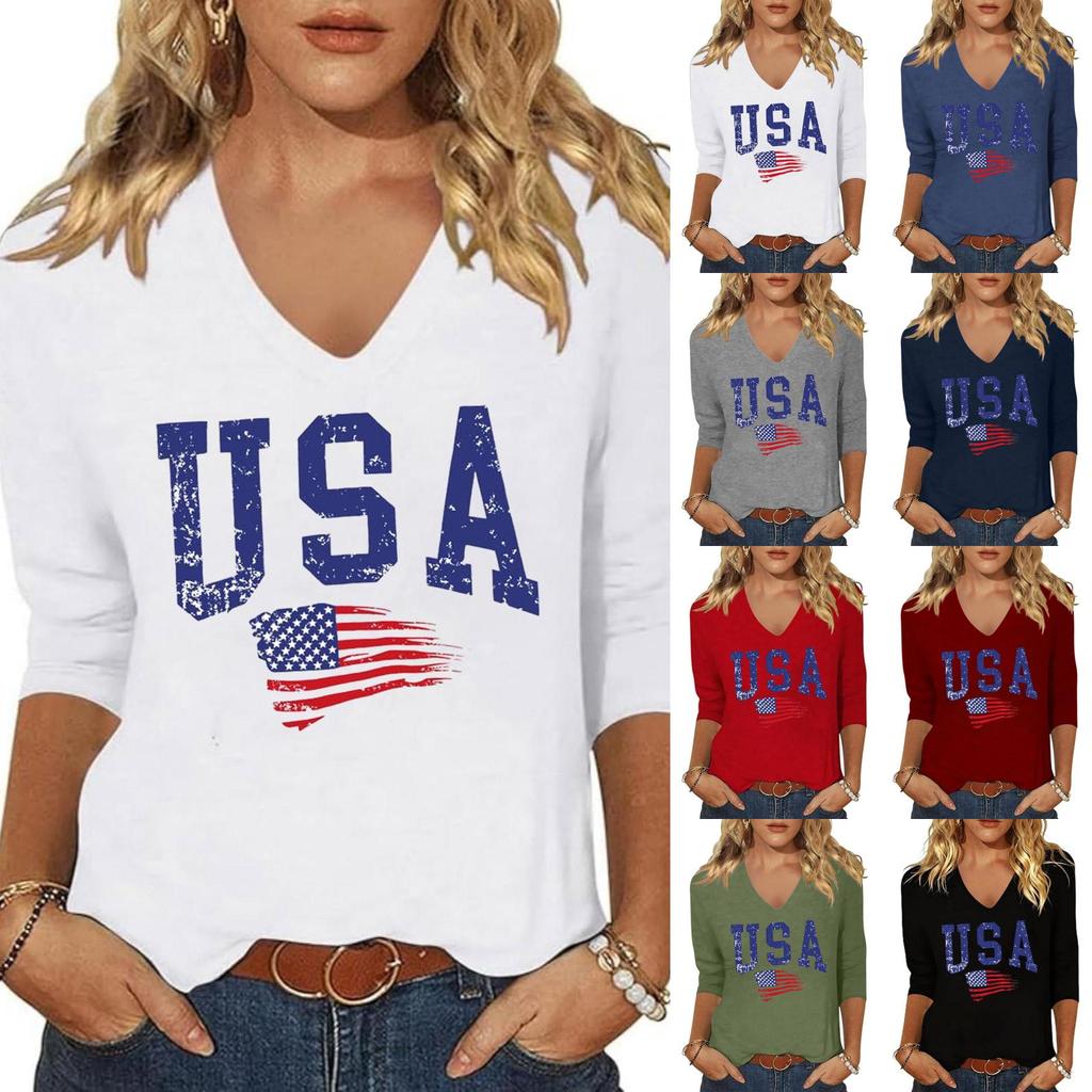Women Casual V Neck Long Sleeve Top USA Letter Print Lightweight Loose Fit Pullover Shirt for Everyday Wear and Holiday Events