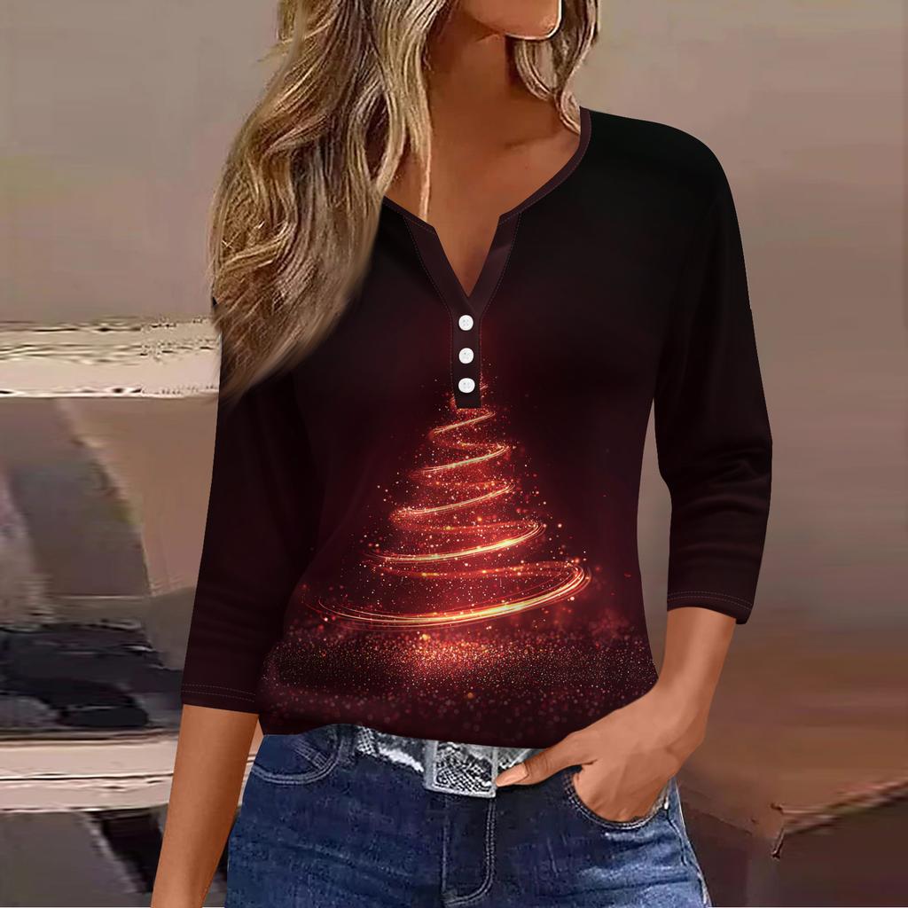 Dámské módní ležérní tričko s potiskem vánočního stromku, výstřihem do V, ozdobnými knoflíky a tříčtvrtečním rukávem
