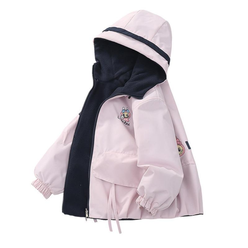 Kids Girls Double Sided Fleece Thickened Casual Outdoor Windbreaker Jacket