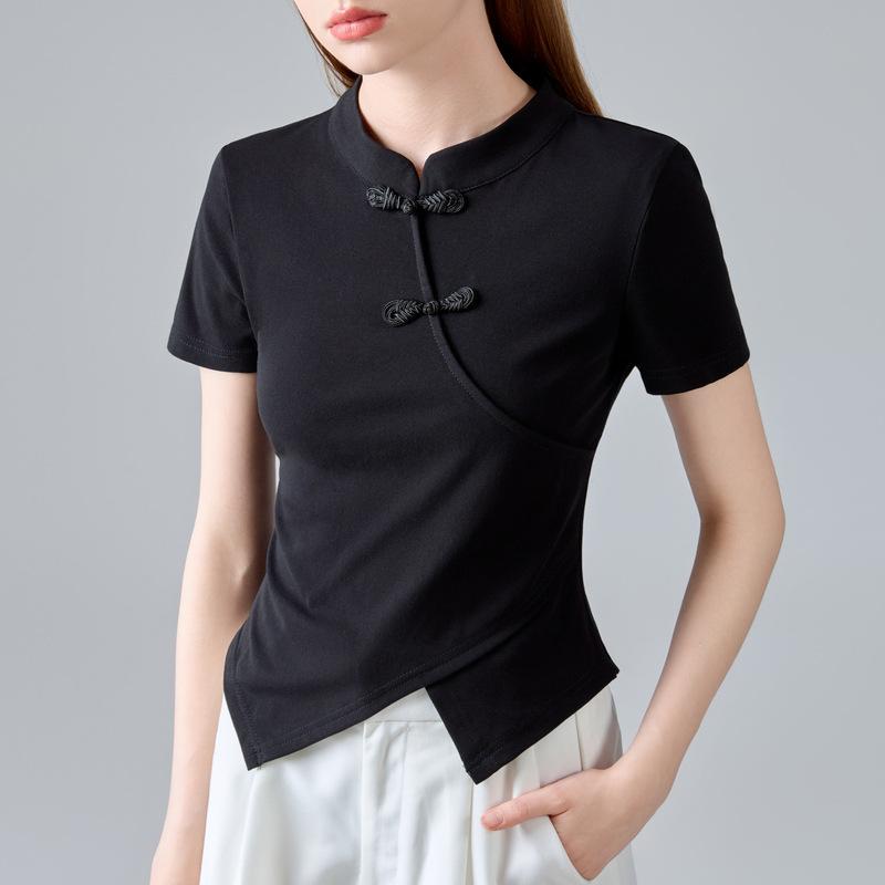 

Новая китайская футболка с короткими рукавами для женщин, летняя футболка в китайском стиле с воротником-стойкой на пуговицах и нестандартным утягивающим талию верхом S