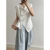 Yanshuang Women's Korean-Style Tencel Sleeveless Swing Collar Shirt with Waist Tie and Slit - Summer 2024