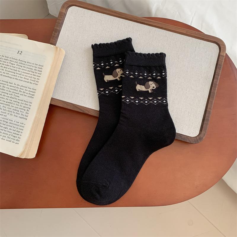 Puppy Cartoon Socks Simple And Versatile Pile Socks Gray Blue Color-Blocking Cotton