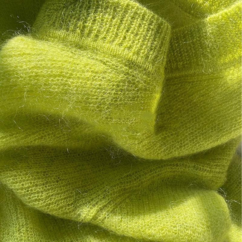 Women's Fluorescent Green V-Neck Mohair Sweater - Cozy Spring/Autumn Knitwear 2025