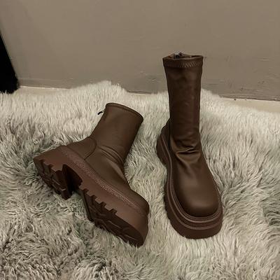 Coarse Heel Short Boots Women's 2025 Autumn and Winter New Thick-soled Pleated Stacking Boots Fashionable Small Thin Elastic Thin Boots