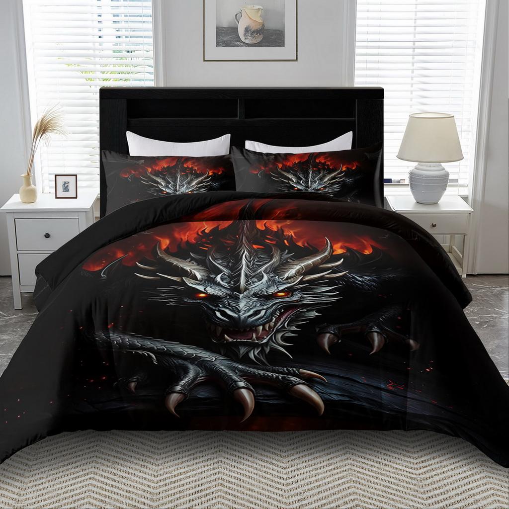 2/3Pcs Mysterious Dragon Print Duvet Cover Set King Queen Size Polyester Bedding with Pillowcases Machine Washable for Bedroom