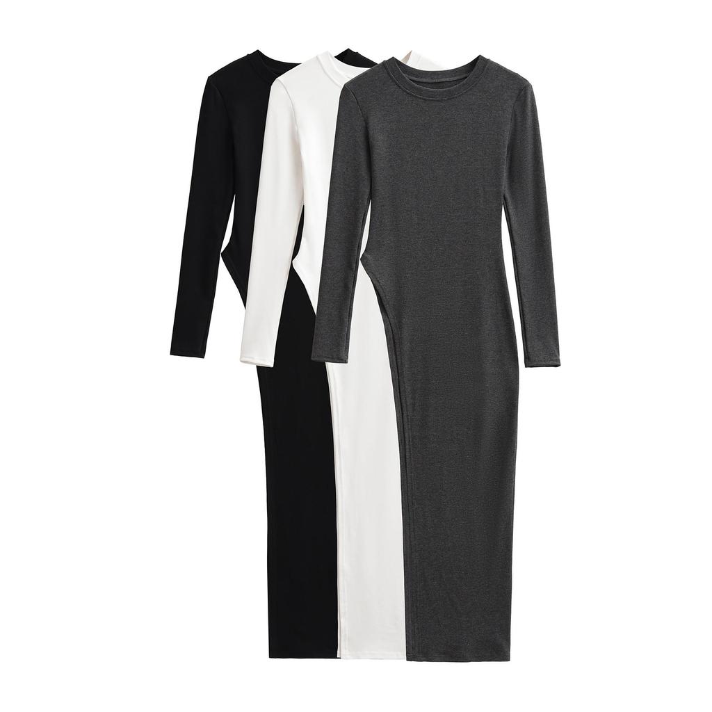 European & American Irregular Split Round Neck T-shirt Dress with Long & Short Sleeves – Women's Slim Fit Base Layer Top