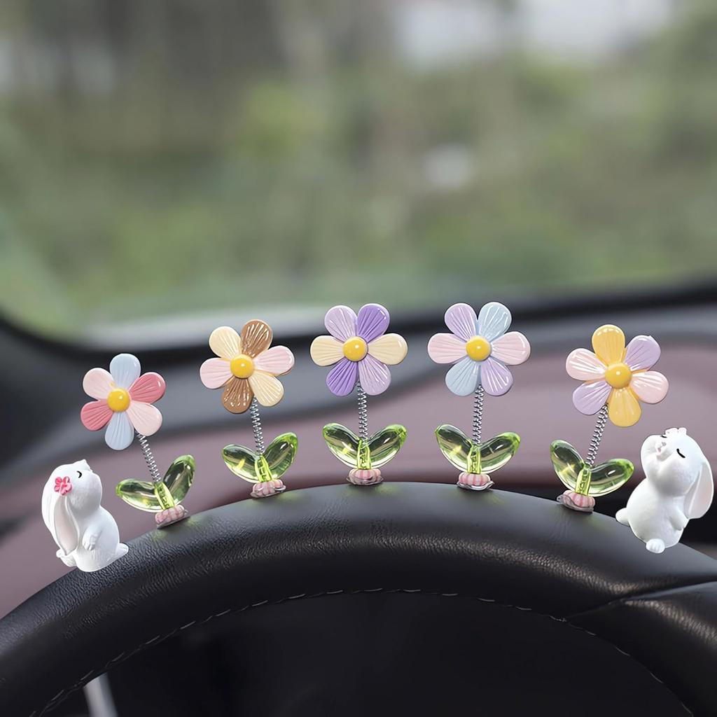 7pcs Cute Car Rearview Mirror Accessories, Funny Bunny Car Ornament, Shaking Spring Sunflower Dashboard Decorations, Interior Decor Christmas