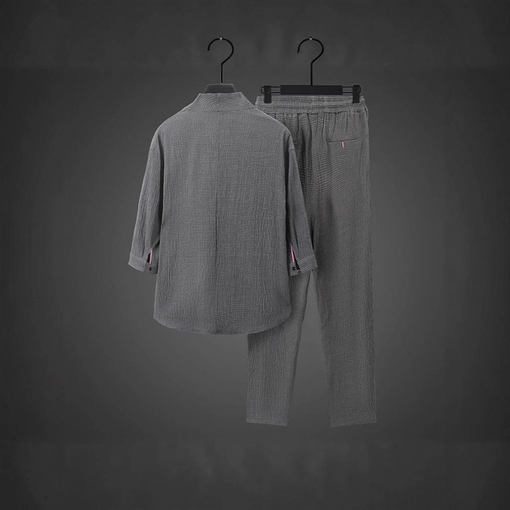 Vintage Button Tops Mens Two Piece Set Summer Casual Shirt and Pants Suits Outfit for Men Solid Color Tracksuit Leisure Clothing