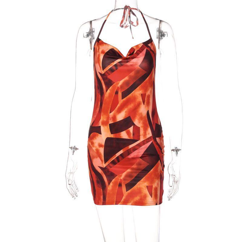 Women s 2026 Spring/Summer Fashion Printed Slim Fit Halter Neck Tie Dress S оранжевый