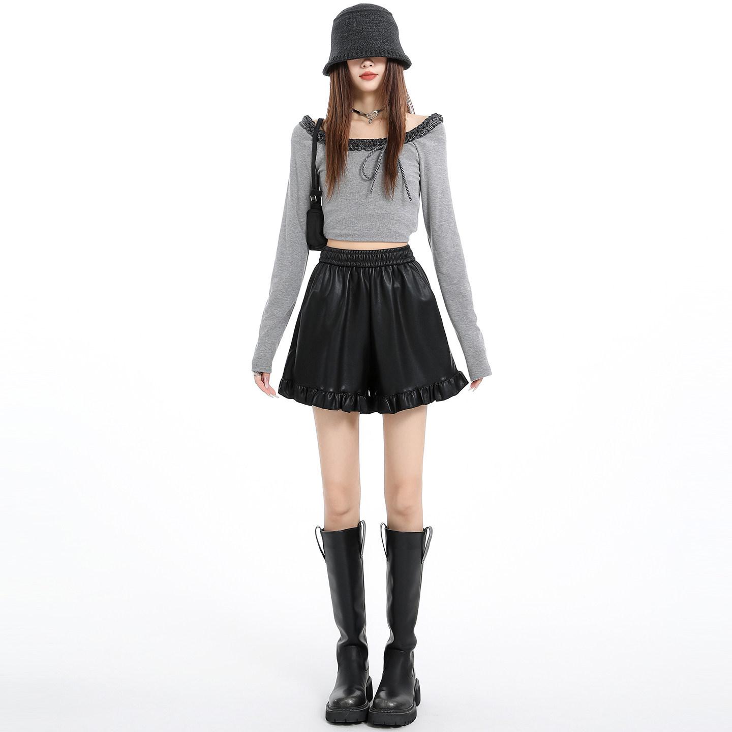

Women s High Waist A-line Black PU Leather Shorts - Autumn/Winter 2025 Style, Slimming & Casual Bootcut Wide Leg Design. XS чёрный