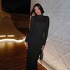 Herbst und Winter Damen Sexy Perspektive Slim-Fit High-Neck Langarm Volltonfarbe Langer Rock Temperament Kleid