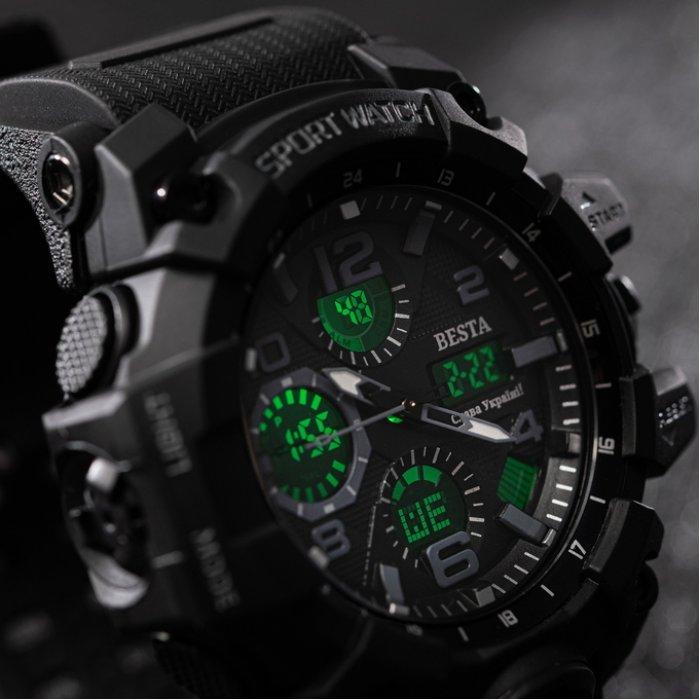 Men's Sports Tactical Watch Besta Power Black with Stopwatch and Alarm Clock