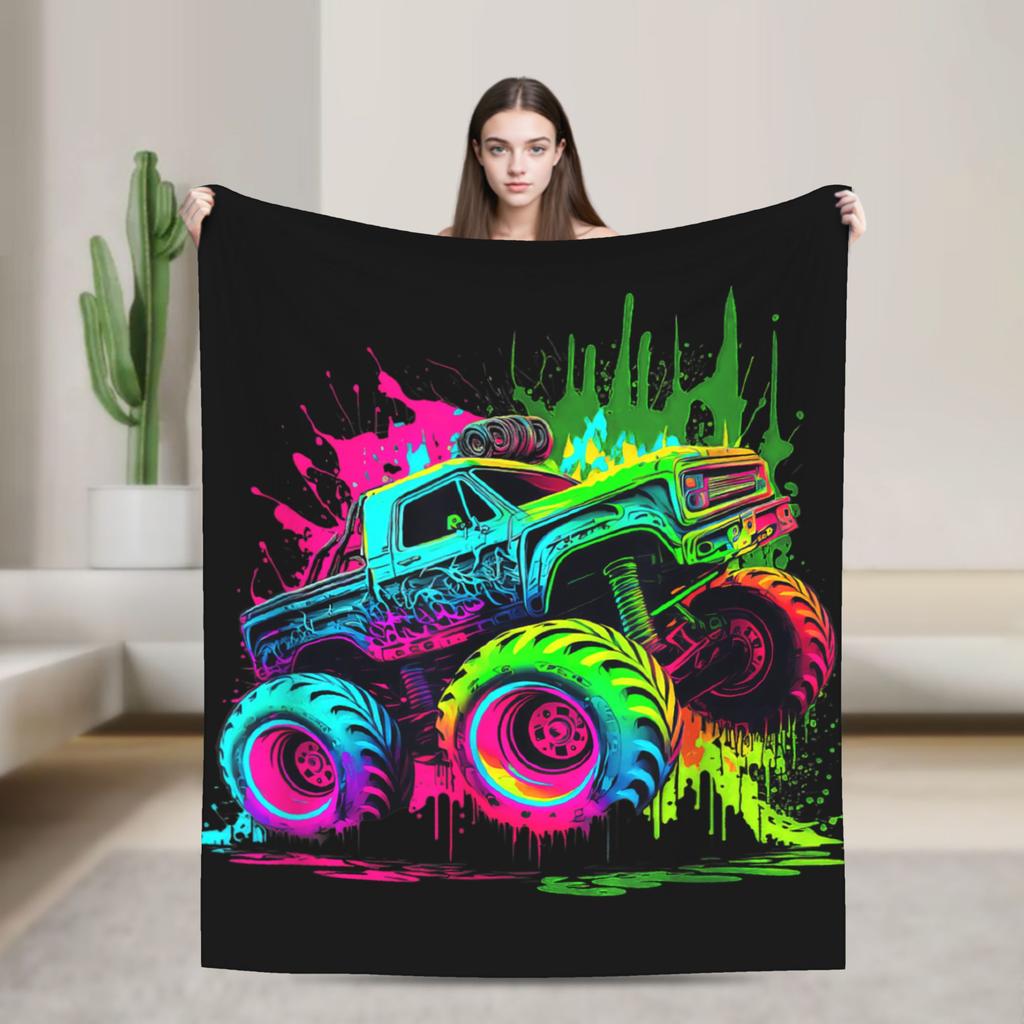 Monster Truck Retro Colorful Graffiti Shirt Flannel Blankets Winter Soft Durable Throw Blanket for Child Couch Bed