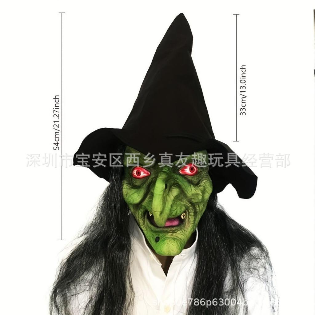Halloween long-haired ghost face mask, scary witch mask, latex headgear with hat, party performance prop