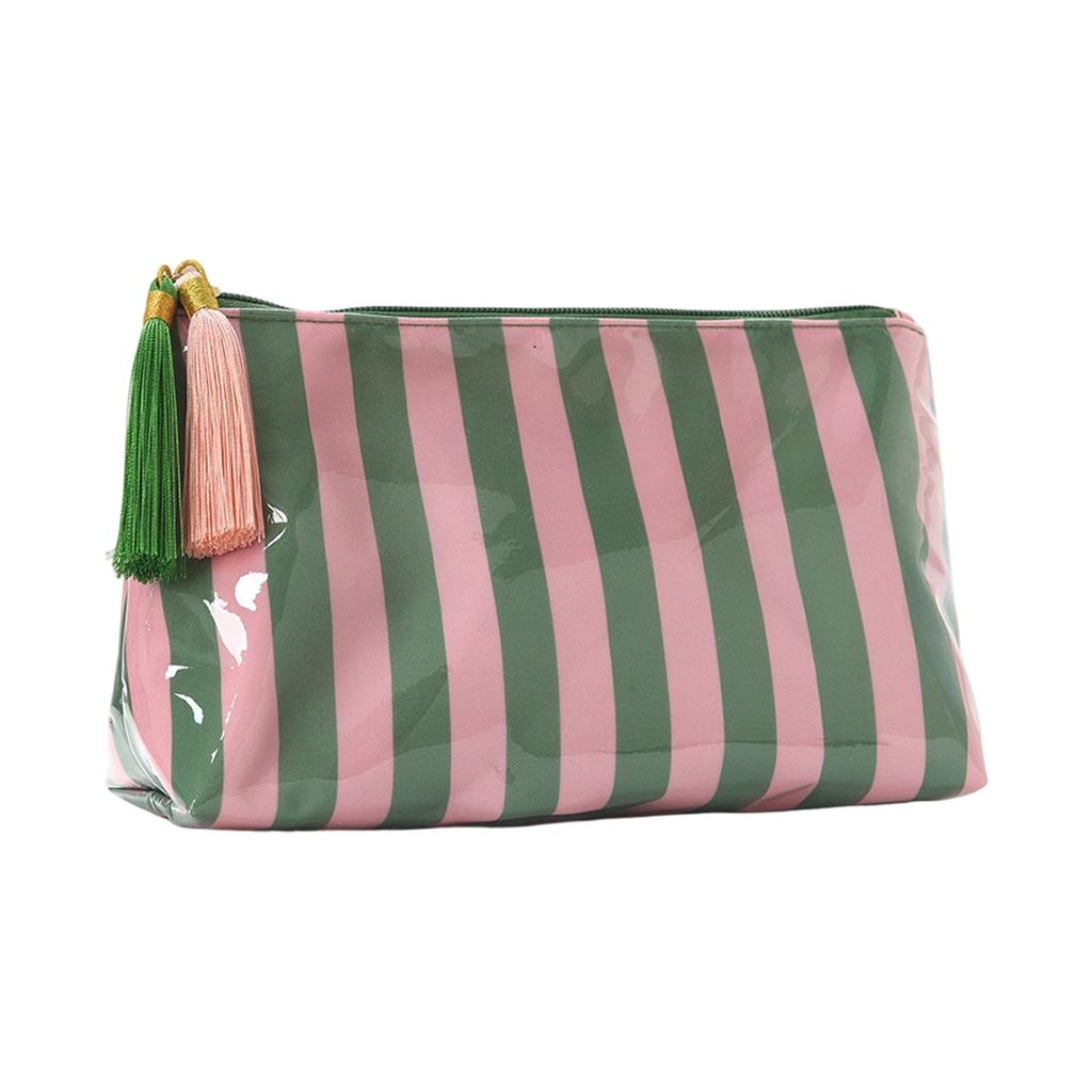 PVC Striped Cosmetic Bag Tassel Zipper Makeup Storage Pouch Waterproof Travel Toiletry Organizer Bag