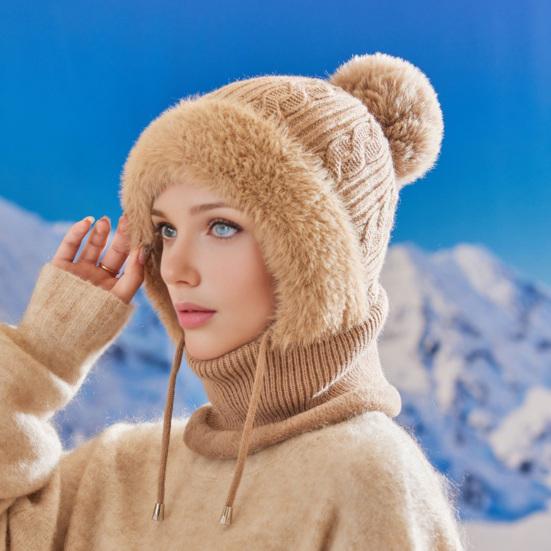 Knitting Hat Women Windproof Insulated Design Winter Hat with Plush Ball 3-in-1 Thickened Hat Face Guard Scarf