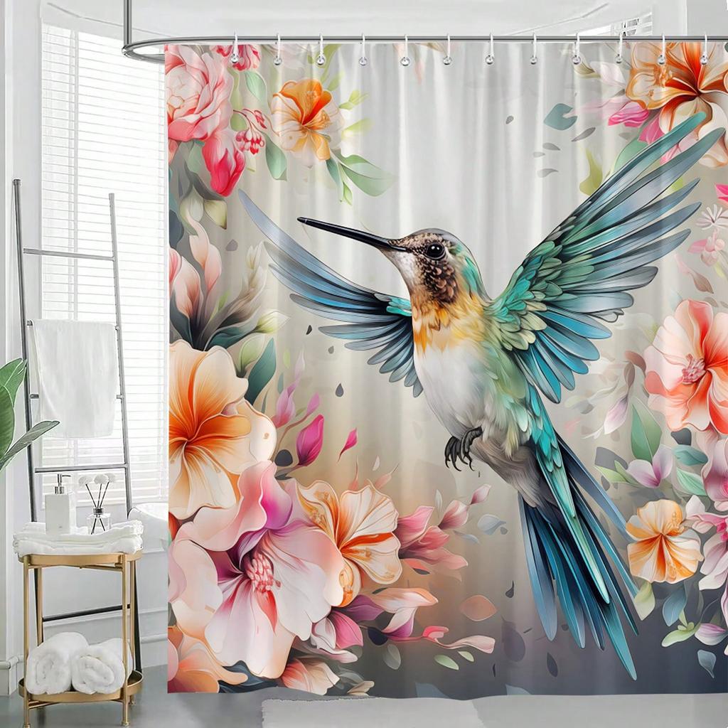 Vibrant Hummingbird Shower Curtain: Embrace the Artistic Design, Soft Fabric, and Floral Vibes for Your Charming Bathroom