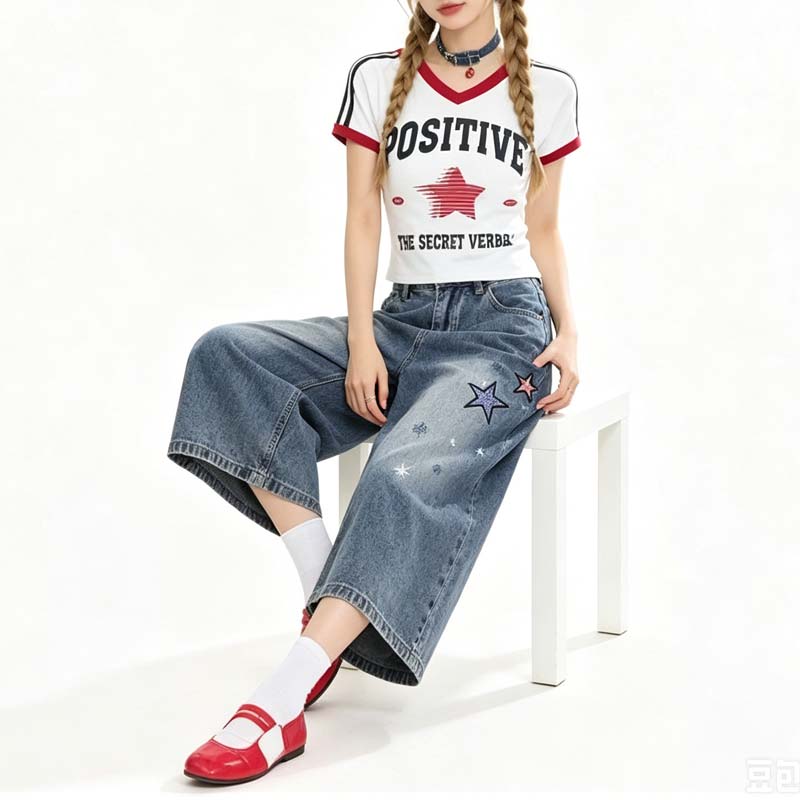 Women's Cropped Jeans Embroidered Loose Straight Wide Leg Shorts Pants Summer Clothing Y2k