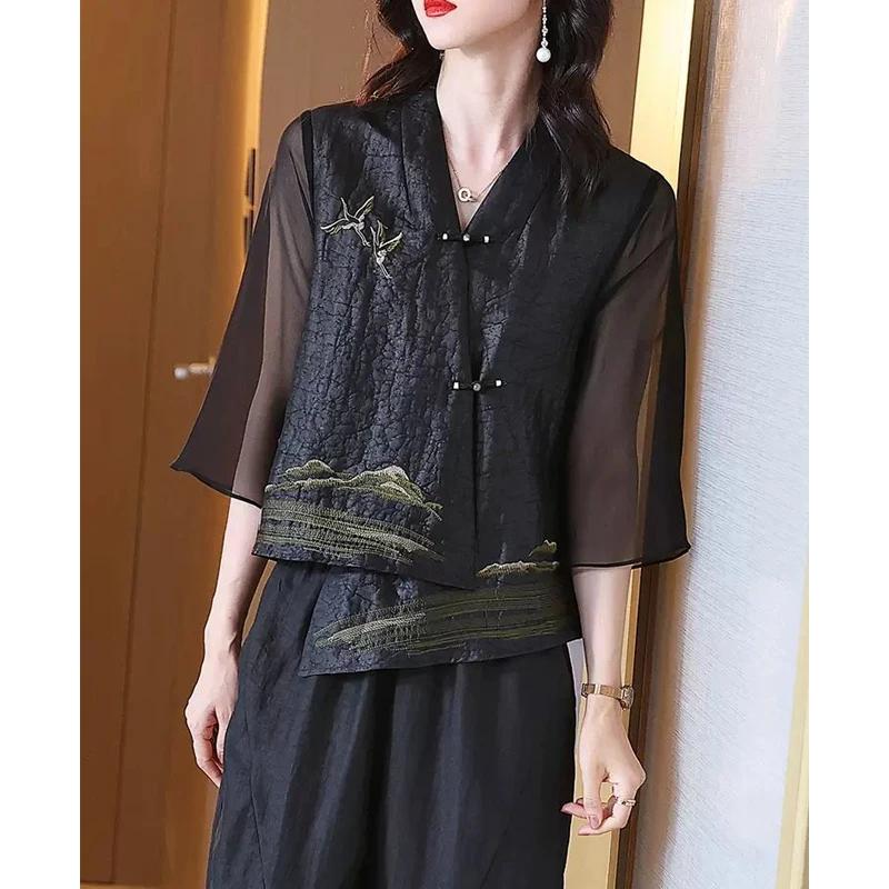 Dámské hedvábné vintage vyšívané asymetrické halenky Jaro Léto Elegantní čínský styl Designový kardigan košile Blusa Mujer