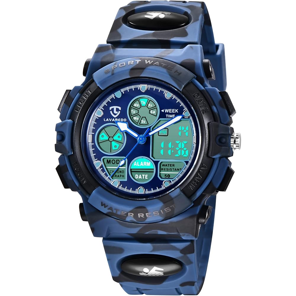 Kids  Sports Watch Outdoor Multifunction Waterproof Alarm Date Display Dual Time LED Analog Digital Watch Dark Blue