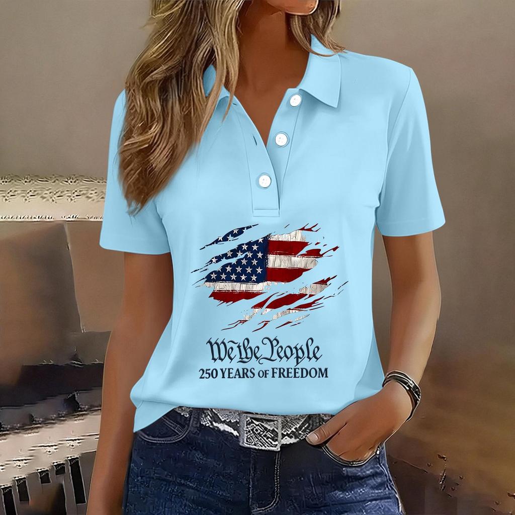 Damen Casual Knopfleiste Kurzarm Poloshirt Amerikanische Flagge Grafikdruck 250. Jahrestag Patriotisches Oberteil Leichtes Sommer-T-Shirt