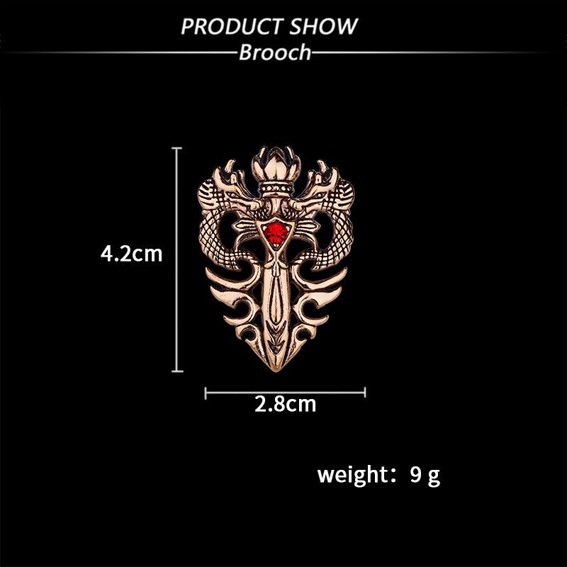 Retro Double Dragon Jewel Sword Brooch - Men's Punk Style Pin for Suits & Coats