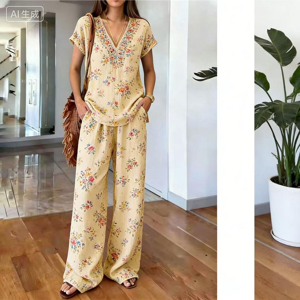 Y116 Summer Loose Top and Wide-Leg Pants Two-Piece Set Women's Fashion European and American Fashion Set