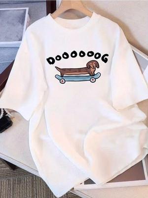Dames Leuke Print T-shirt met Dachshund Skateboarding Ontwerp Zacht Ronde Hals Korte Mouw Casual Top Grappige Cartoon Hond Kleding T-shirt