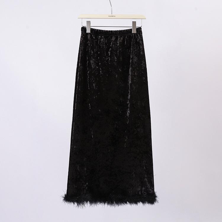 Fei Yuan Feather Hem Plus Velvet Women s Skirt - Autumn/Winter Style XL чёрный