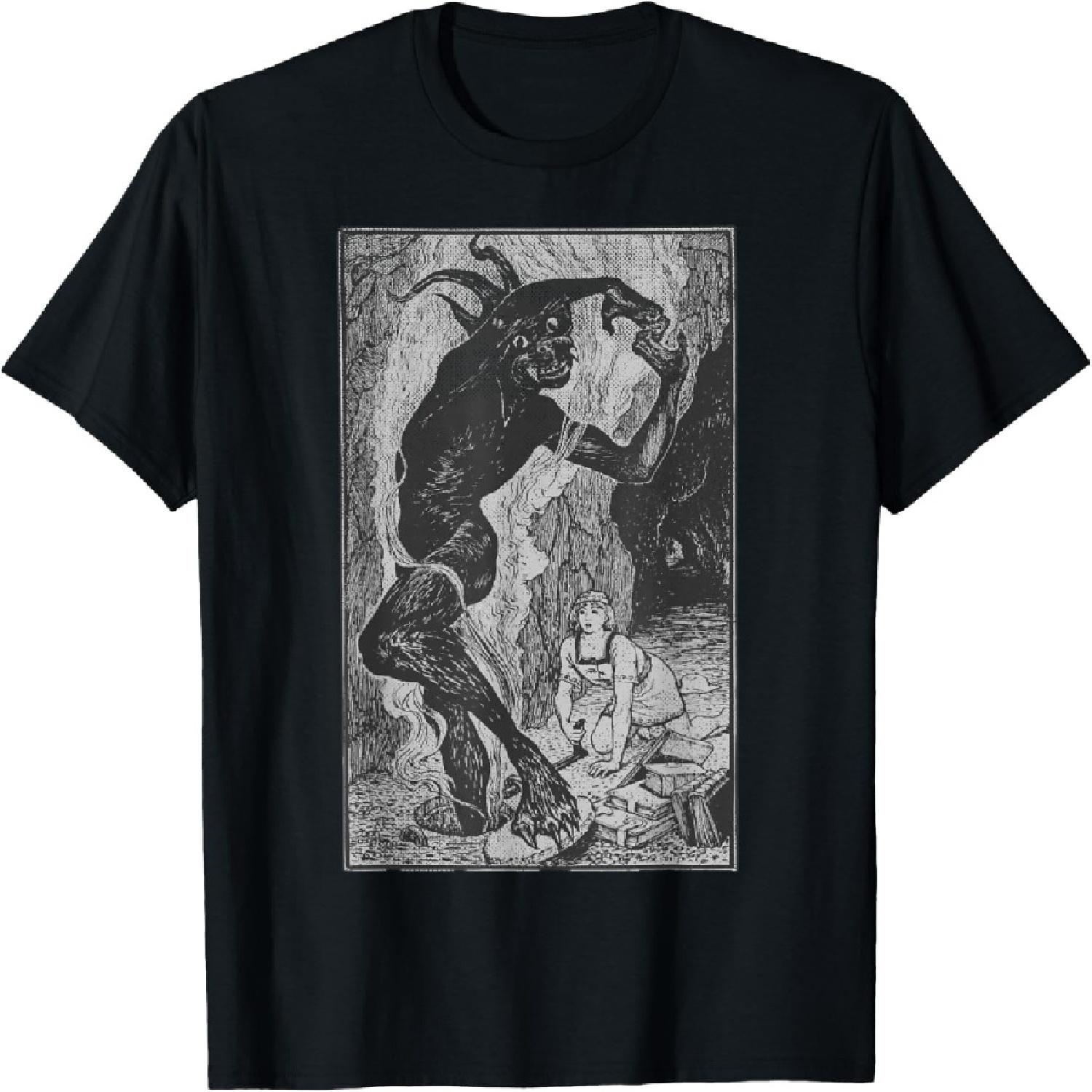 

Готическая футболка ужасов с демоном, состаренная, винтажная, гранж - Женская черная футболка с коротким рукавом и круглым вырезом классического кроя - Маленький XXXXXL чёрный