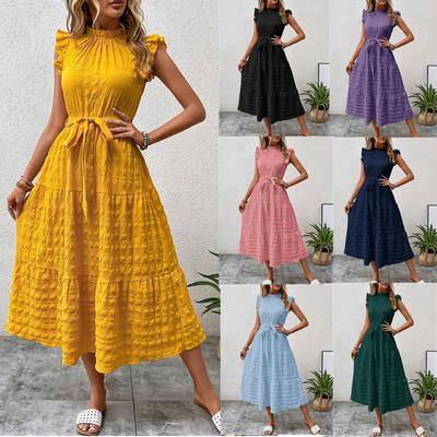 Summer Women's Fashion Round Neck Tie Solid Colour Textured Sleeveless Long Dresses