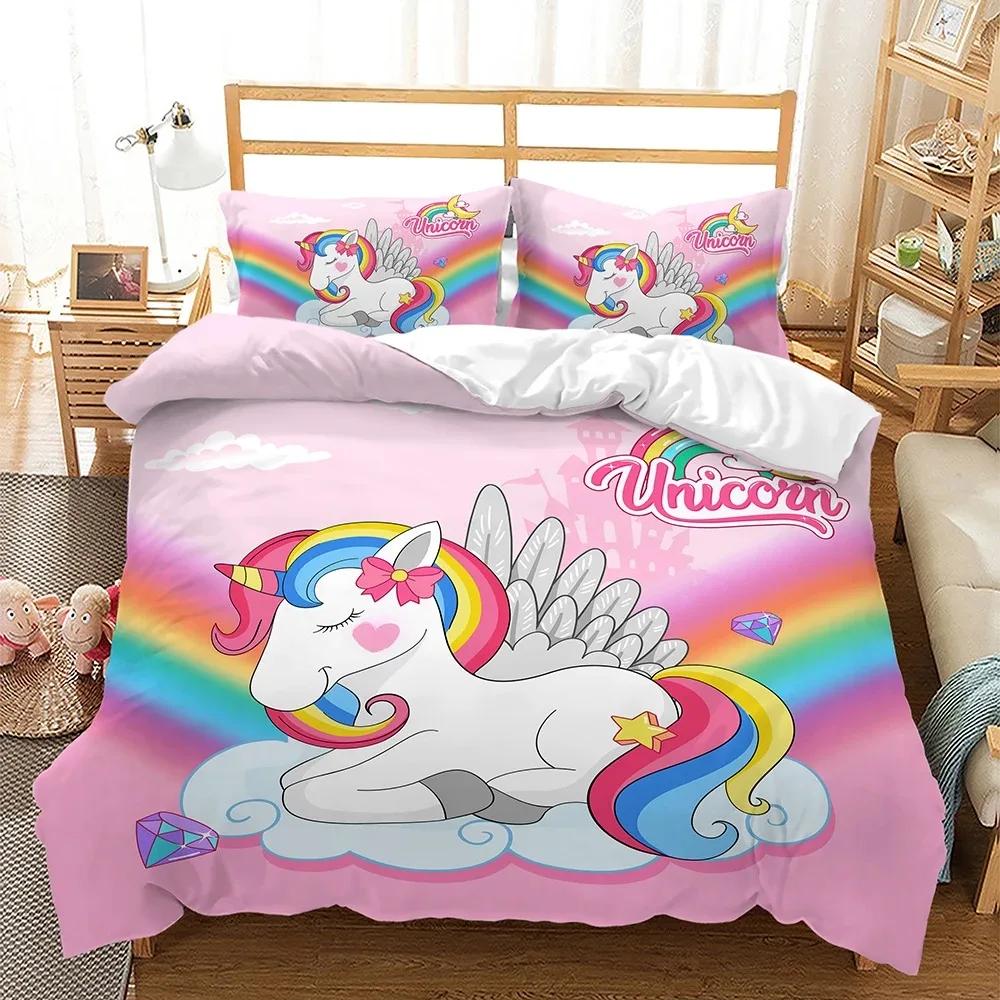 Dětské povlečení s duhovým jednorožcem Kawaii kreslená zvířátka Povlečení pro kluky a holky 2/3dílné Sady povlaků na přikrývku velikosti Twin Single Double Queen