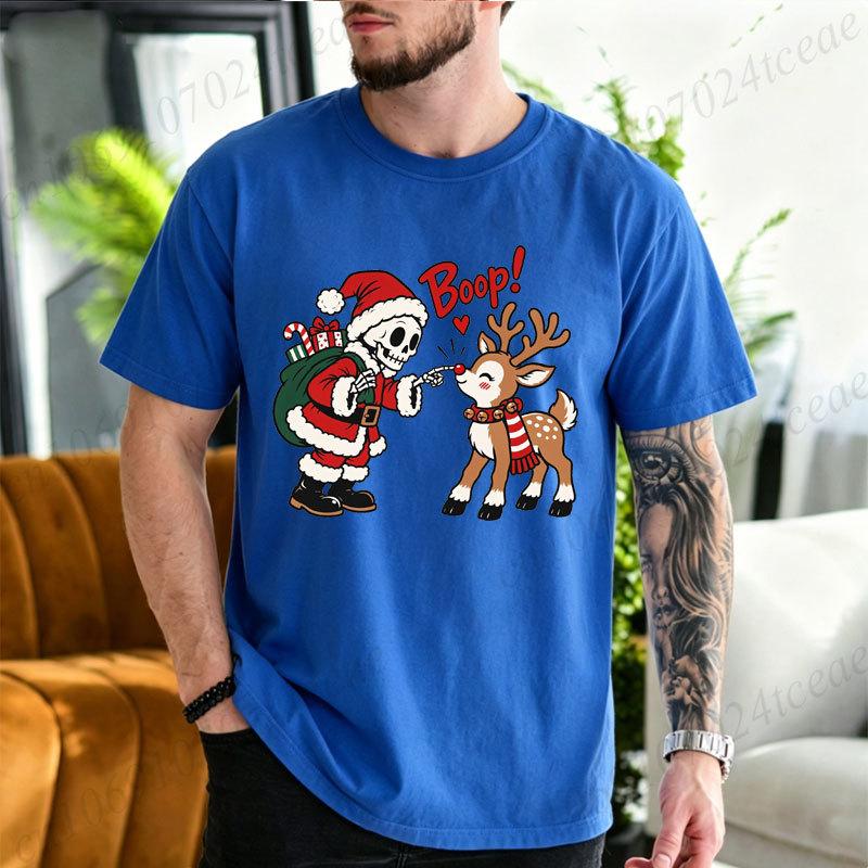 Cotton T-Shirt Christmas Skeleton Santa Reindeer Graphic Tshirt, Reindeer Boop Retro Holiday Humor Tees,Xmas Holiday Family Matching Party Tops