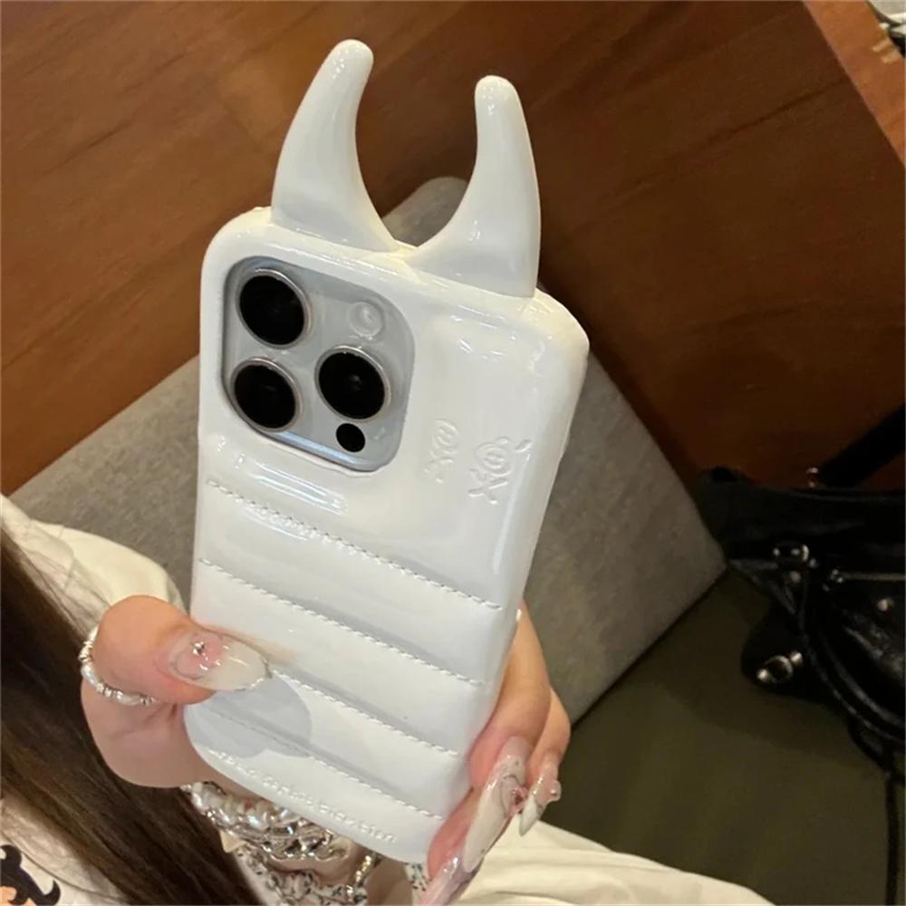 

INS Модний 3D Роговий Глянцевий Пуховик Чохол для Телефона Для iPhone 15 14 13 12 Pro Max Креативний Мильний Ударостійкий Задній Чохол Funda Подарунок For iphone 15promax