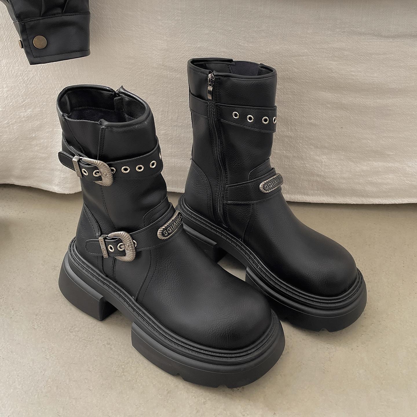 

Black British thick heel platform Martin boots women s 2025 new autumn small height increase versatile short boots 35 чёрный