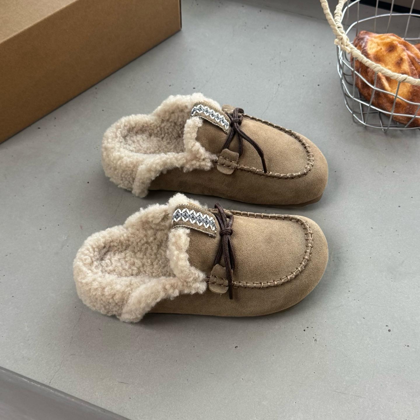 

2025 winter plush bag head half slippers women s Korean version round head thick bottom non-slip piled thickened cotton slippers outer wear 40 хаки