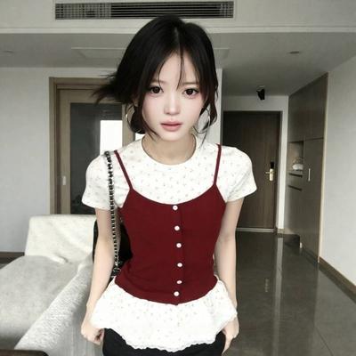 Korean Chic Fake Two-piece Front Shoulder Short Sleeve T-Shirt Women's Summer Ballet Sweet Style Slim Skinny Versatile Top