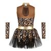 Girls Caveman Cosplay Leopard Pattern Jumpsuit Gloves Mesh Metallic Shiny Patchwork Sleeveless Tutu Skirt