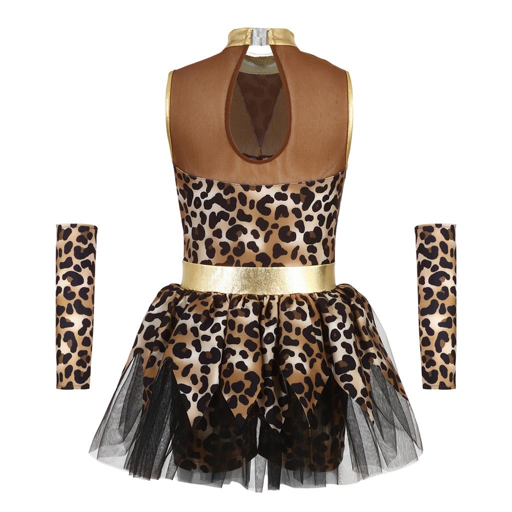 Girls Caveman Cosplay Leopard Pattern Jumpsuit Gloves Mesh Metallic Shiny Patchwork Sleeveless Tutu Skirt