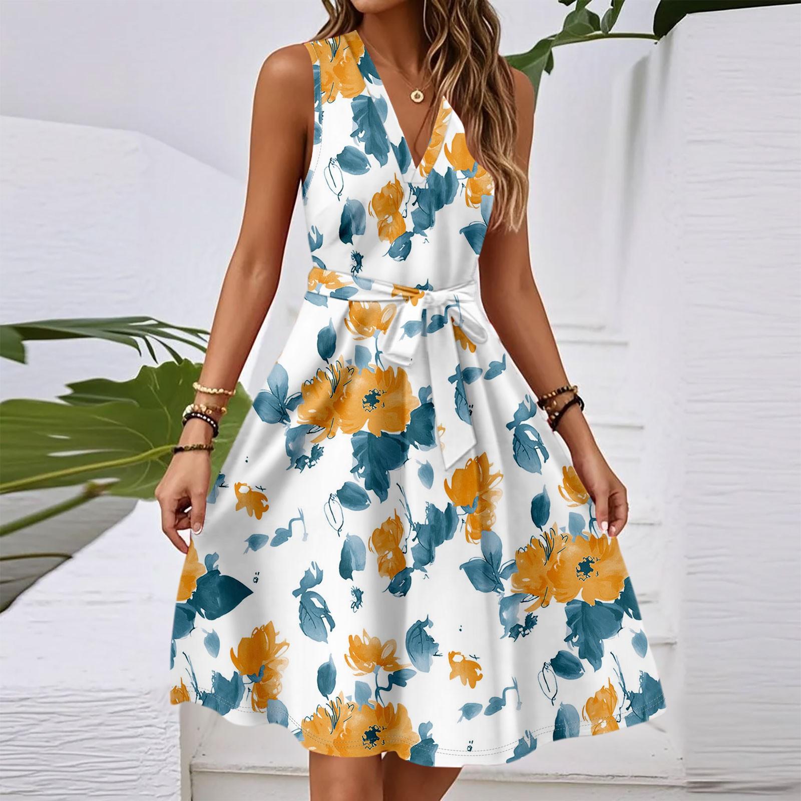 

Женское весенне-летнее повседневное платье миди с V-образным вырезом без рукавов и цветочным принтом на талии XL белый