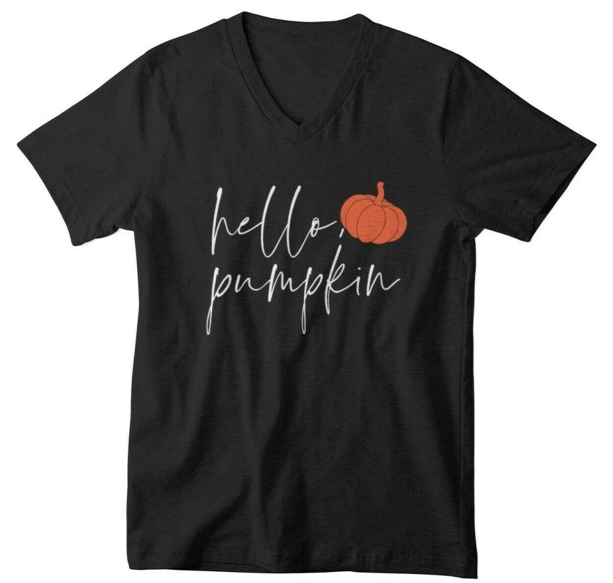 Mens V Neck Hello Pumpkin T Shirt Halloween Thanksgiving Fall Pumpkin Spice Tee S