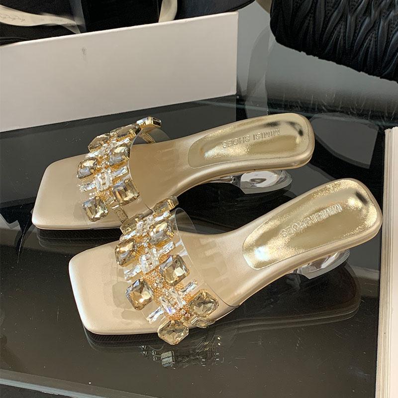 Fashion Luxury Crystal Fashion Transparent Heels Ladies Wedges Slippers Rhinestones Women Heeled Slippers Shoes Female Slides Pumps