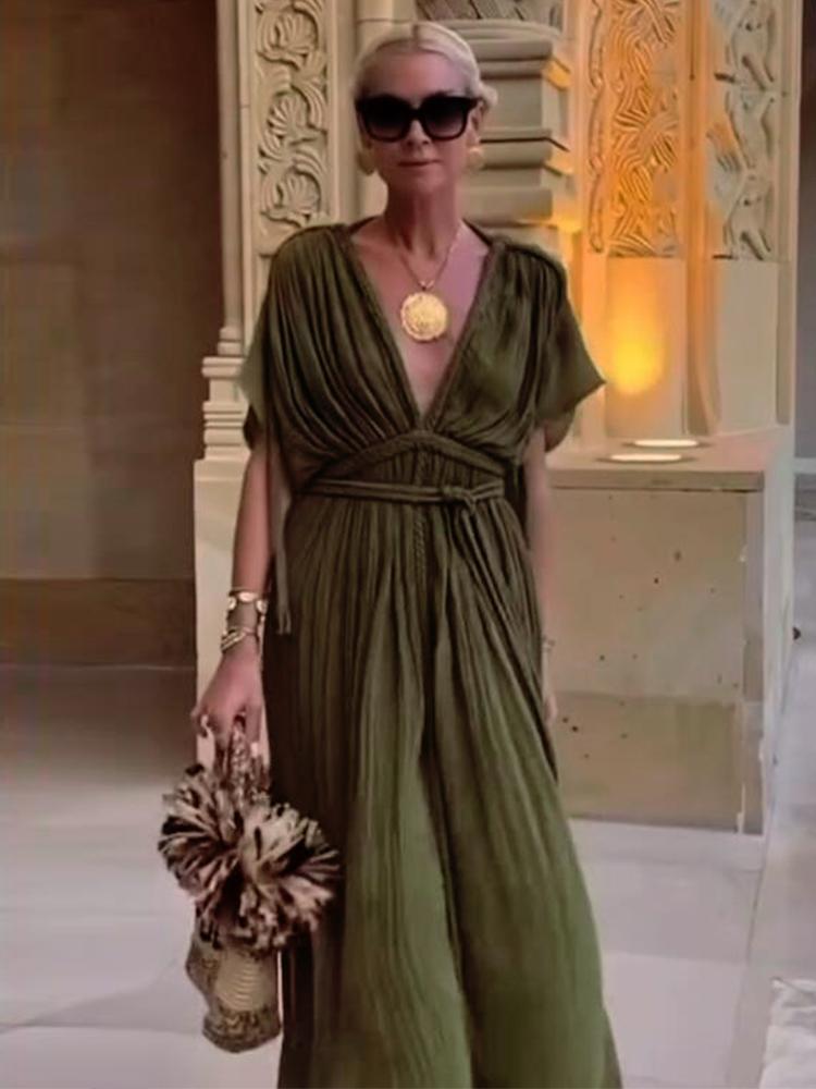 EDOLYNSA Femmes élégantes Célébrité Tempérament Sexy V Profond Tricot Corde Tressée Fête D'été Maxi Robe Tunique Beachwear Maillot De Bain Cover Up A2848