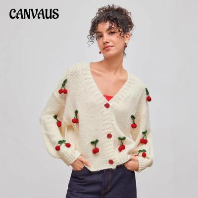 Women's Autumn and Winter New Sweet and Spicy Style V-neck Woolen Knitted Cardigan Loose Trend Cherry Decoration Single-breasted Woolen Knitted Tops