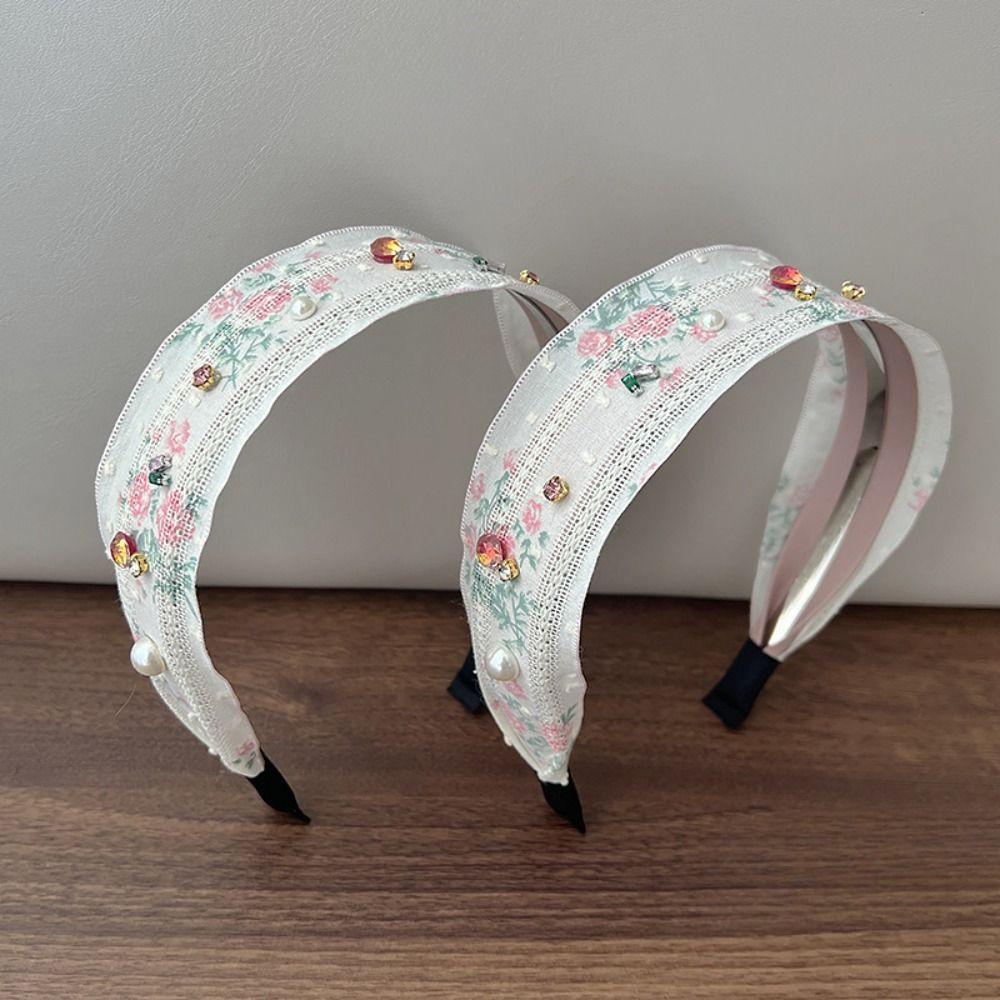 Korean Style Embroidery Lace Headband Floral Rhinestone Hair Band Sweet Bow Hair Rope  Headwear