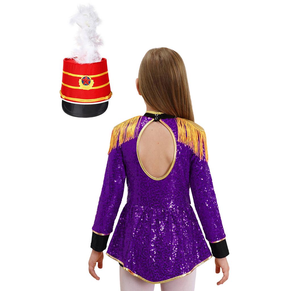 Girls Circus Drummer Costume Long Sleeve Fringe Epaulet Sequins Bodysuit Mini Top Hat Drum Accessory